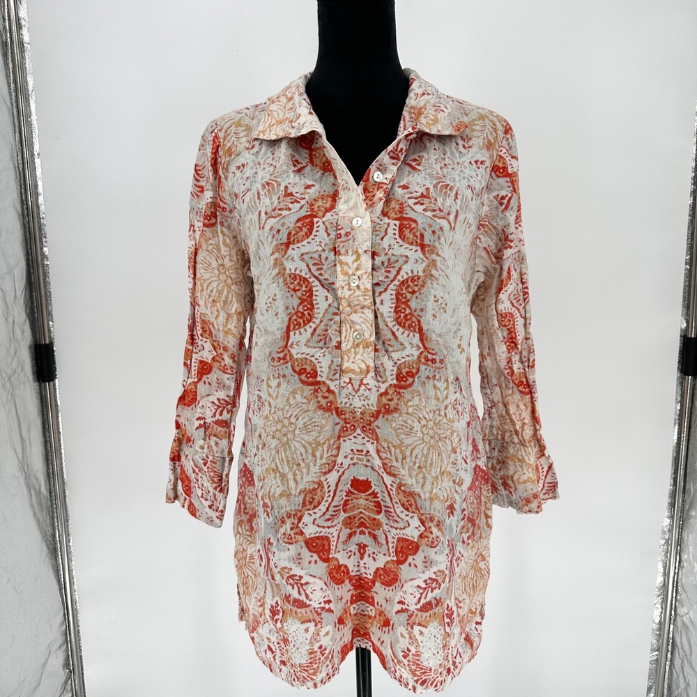 Chico's 1 Medallion‎ Print Tunic Top 100% Linen 3/4 Sleeve Blouse Boho 8/10